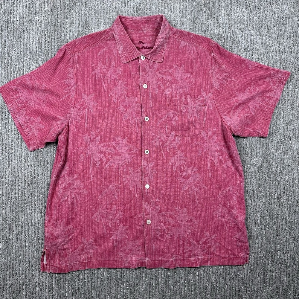 Tommy Bahama Mens XL Pink Silk Tropical Floral Jacquard Short Sleeve Button Shir